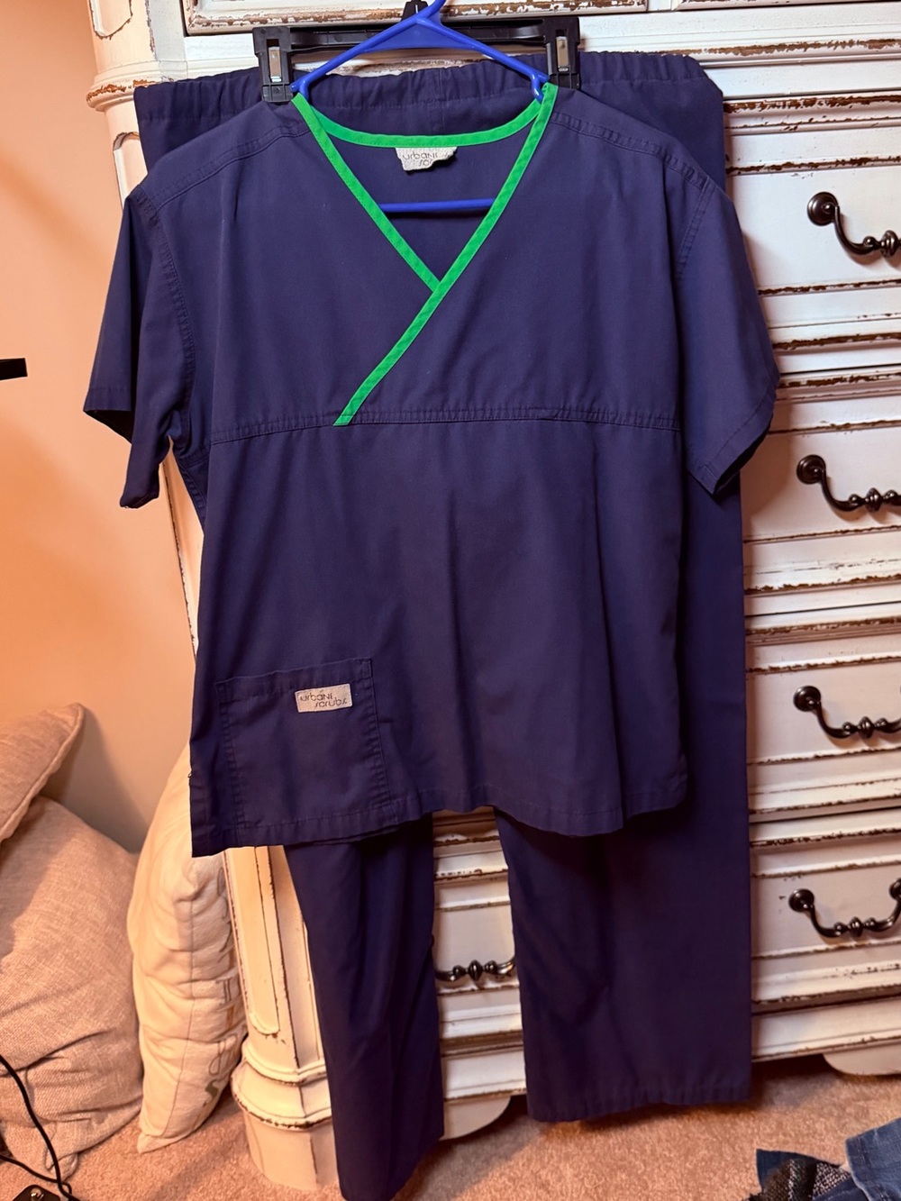 Urbane Navy Scrub Set with Bright Green Trim - Straight Leg Pants